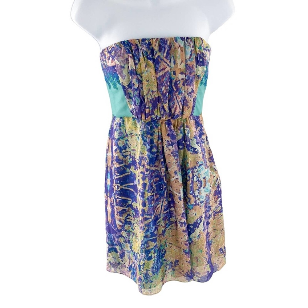 tibi New York Women's Strapless Silk Dress Purple Teal Abstract Print Size 4
